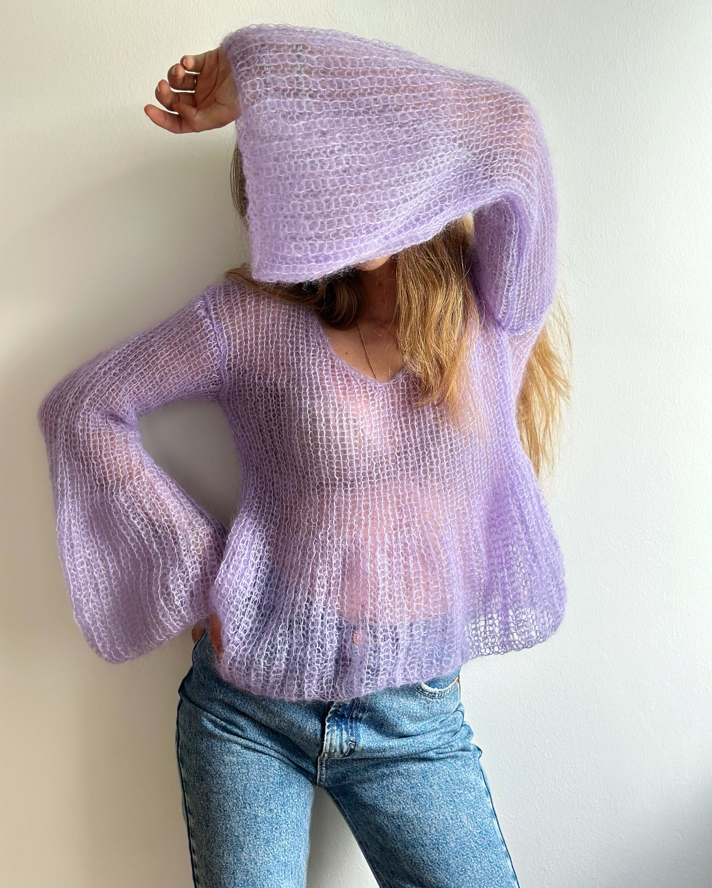 ニット・セーター bell sleeve mohair pullover Light Purple Mohair Sweater Bell Sleeve Handknit Sweater