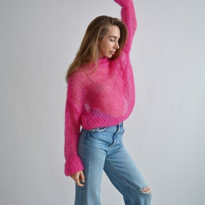 Bright fuchsia pink sweater Turtleneck mohair sweater Loose handknit sweater Soft sexy wool sweater Stylish oversized knit sweater image 10