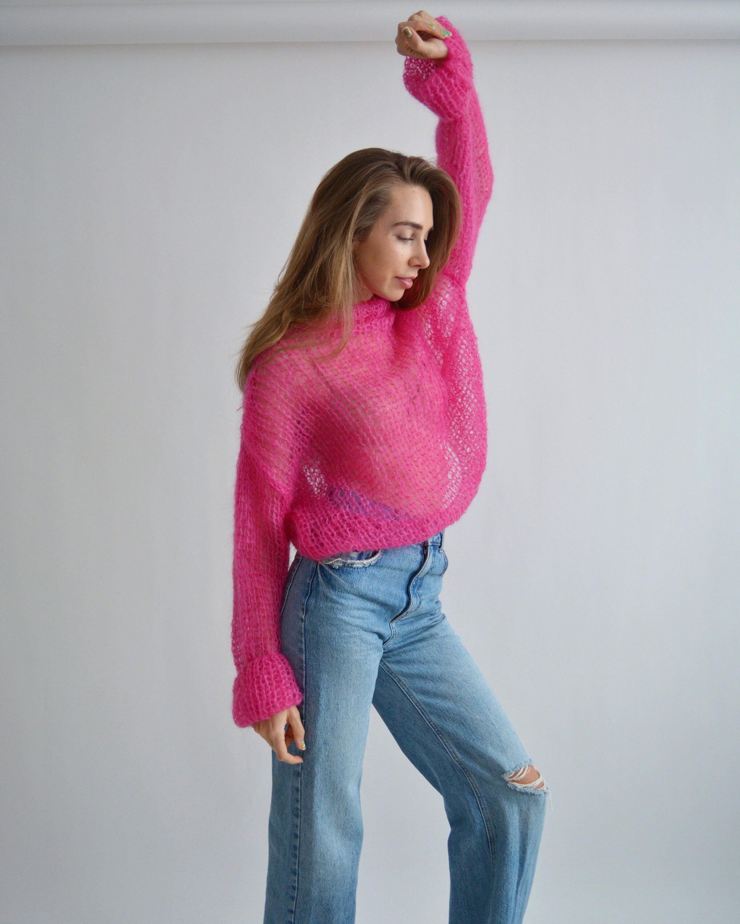 Bright Fuchsia Pink Sweater Turtleneck Mohair Sweater Loose