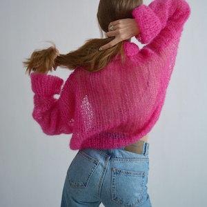 Bright fuchsia pink sweater Turtleneck mohair sweater Loose handknit sweater Soft sexy wool sweater Stylish oversized knit sweater image 6