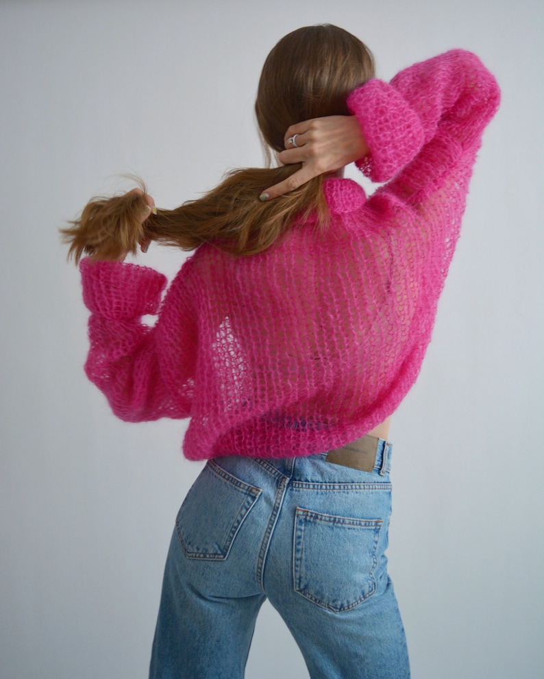 Bright fuchsia pink sweater Turtleneck mohair sweater Loose handknit sweater Soft sexy wool sweater Stylish oversized knit sweater image 6