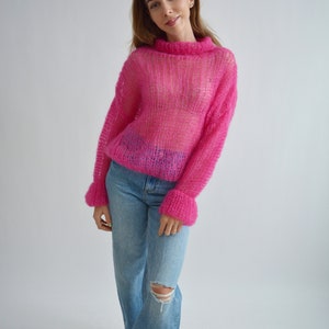 Bright fuchsia pink sweater Turtleneck mohair sweater Loose handknit sweater Soft sexy wool sweater Stylish oversized knit sweater image 8