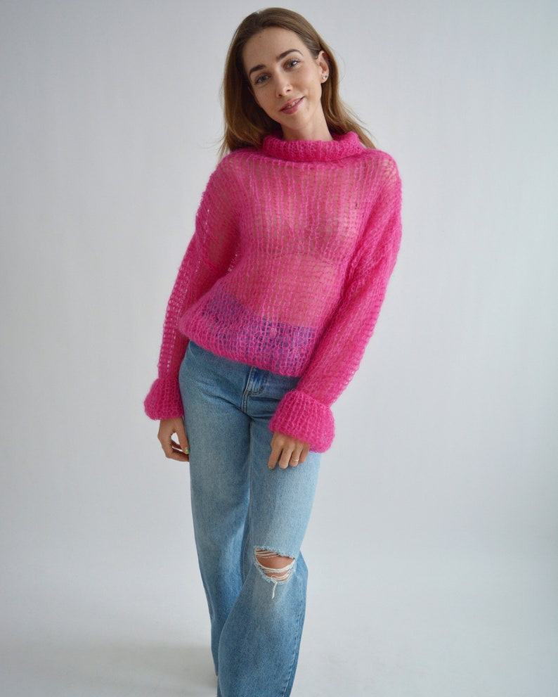 Bright fuchsia pink sweater Turtleneck mohair sweater Loose handknit sweater Soft sexy wool sweater Stylish oversized knit sweater image 8