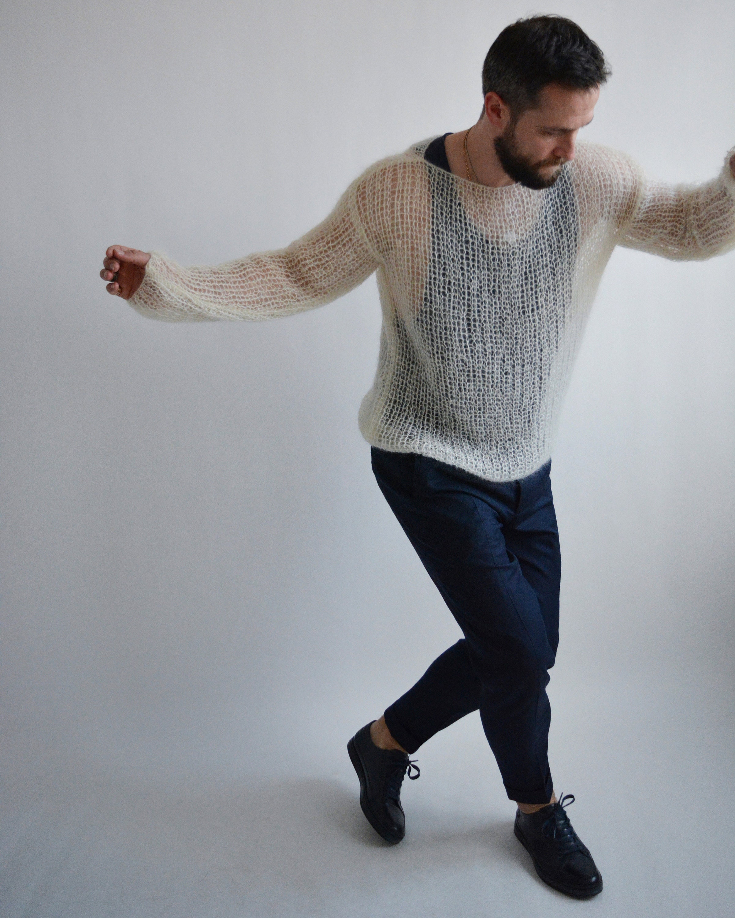 Ivory Mens Mohair Sweater Unisex Handknit Chunky Sweater Knitted 