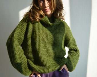 Pull à col roulé créatif vert Mohair pull épais pull chaud Pull tricoté élégant Pull doux Slouchy Pull en laine unique