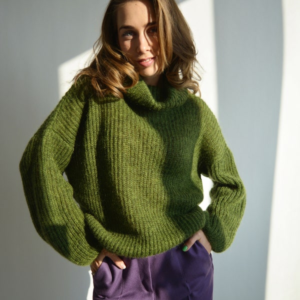 Green creative turtleneck sweater Mohair chunky sweater Thick warm sweater Stylish knitted sweater Slouchy soft sweater Unique wool sweater