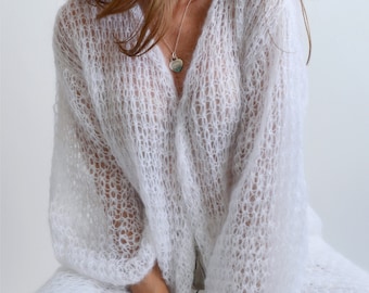 White Mohair Handknit Cardigan, Loose Open Front Bridal Shawl