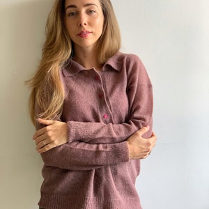 Mauve collared polo sweater Retro style sweater Alpaca polo style sweater Buttoned stylish sweater Merino wool soft sweater Sexy sweater image 10