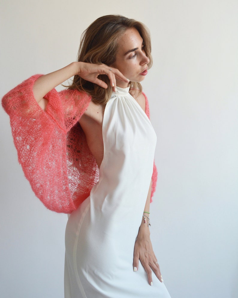Coral silk mohair shawl, Wedding bolero shrug, Bridal knitted shawl, Evening shawl, Bridesmaid light bolero, Bridal cover up, Bridal wrap image 5