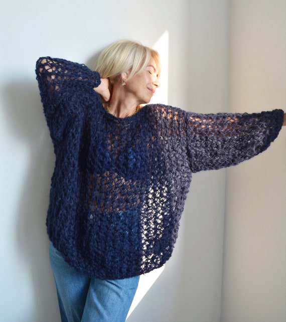 Navy Blue Mohair Loose Knit Sweater, Soft Handknit Oversized Sweater,  Chunky Wool Knit Sweater for Spring, Bohemian Big Warm Sweater 