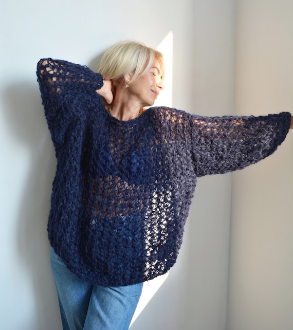 Navy Blue Mohair Loose Knit Sweater, Soft Handknit Oversized Sweater,  Chunky Wool Knit Sweater for Spring, Bohemian Big Warm Sweater 