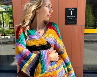 Cárdigan corto de lana merino multicolor a rayas: Chaqueta de lana tejida a mano, extragrande, gruesa y cálida.