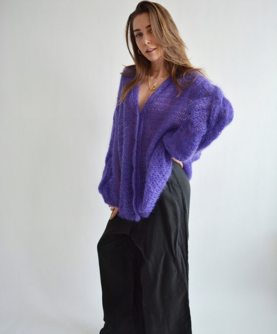 Purple Mohair Cardigan Loose Sexy Cardigan Buttoned