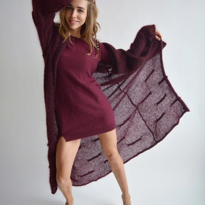 Burgundy hooded long cardigan, Mohair loose knit cardigan, Bordeaux maxi cardigan, Bohemian knitted coat, Oversize thick cardigan image 7