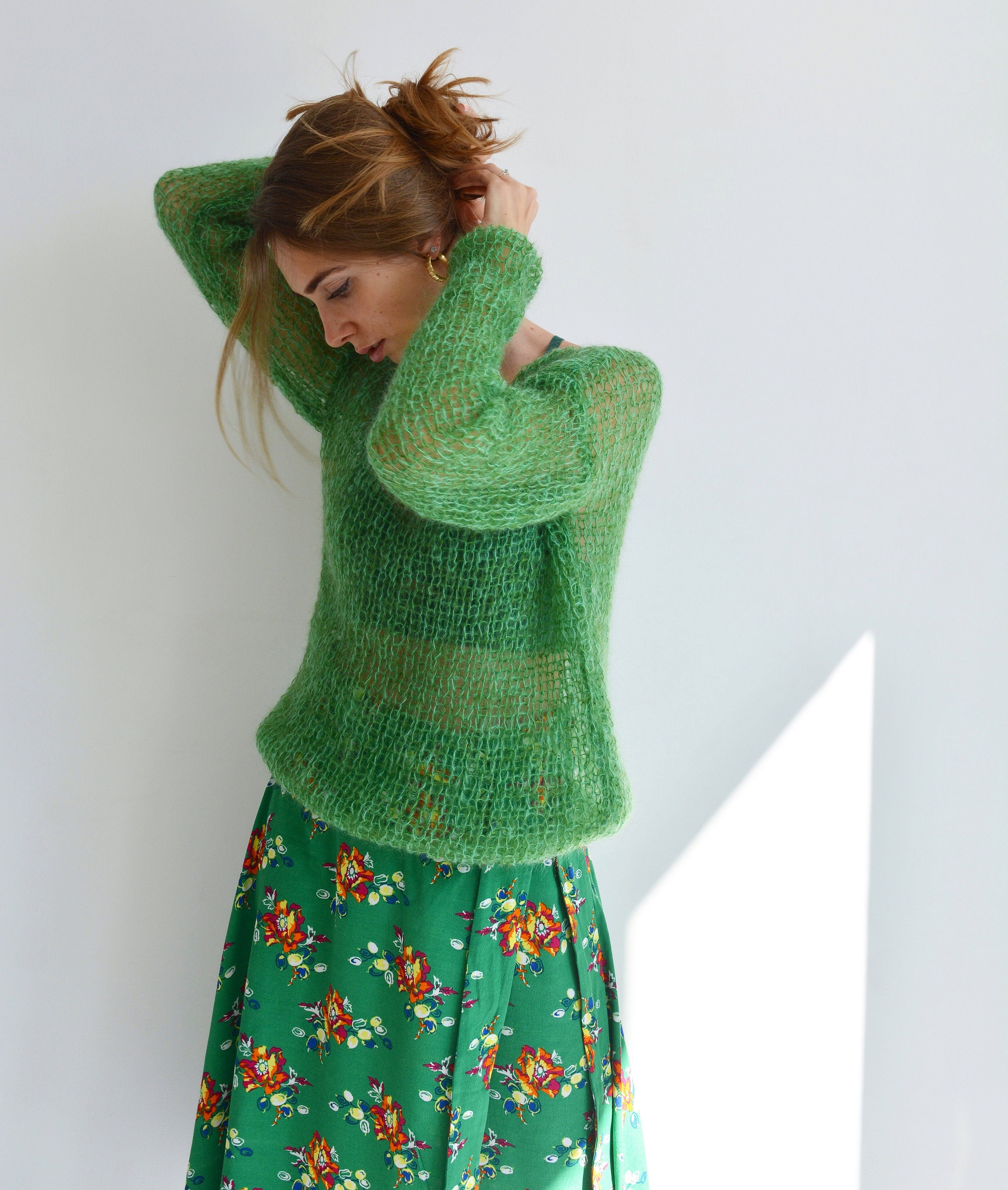 Green Mohair Sweater off Shoulder Light Sweater Handknit Green Mohair Sweater off Shoulder Light Sweater Handknit