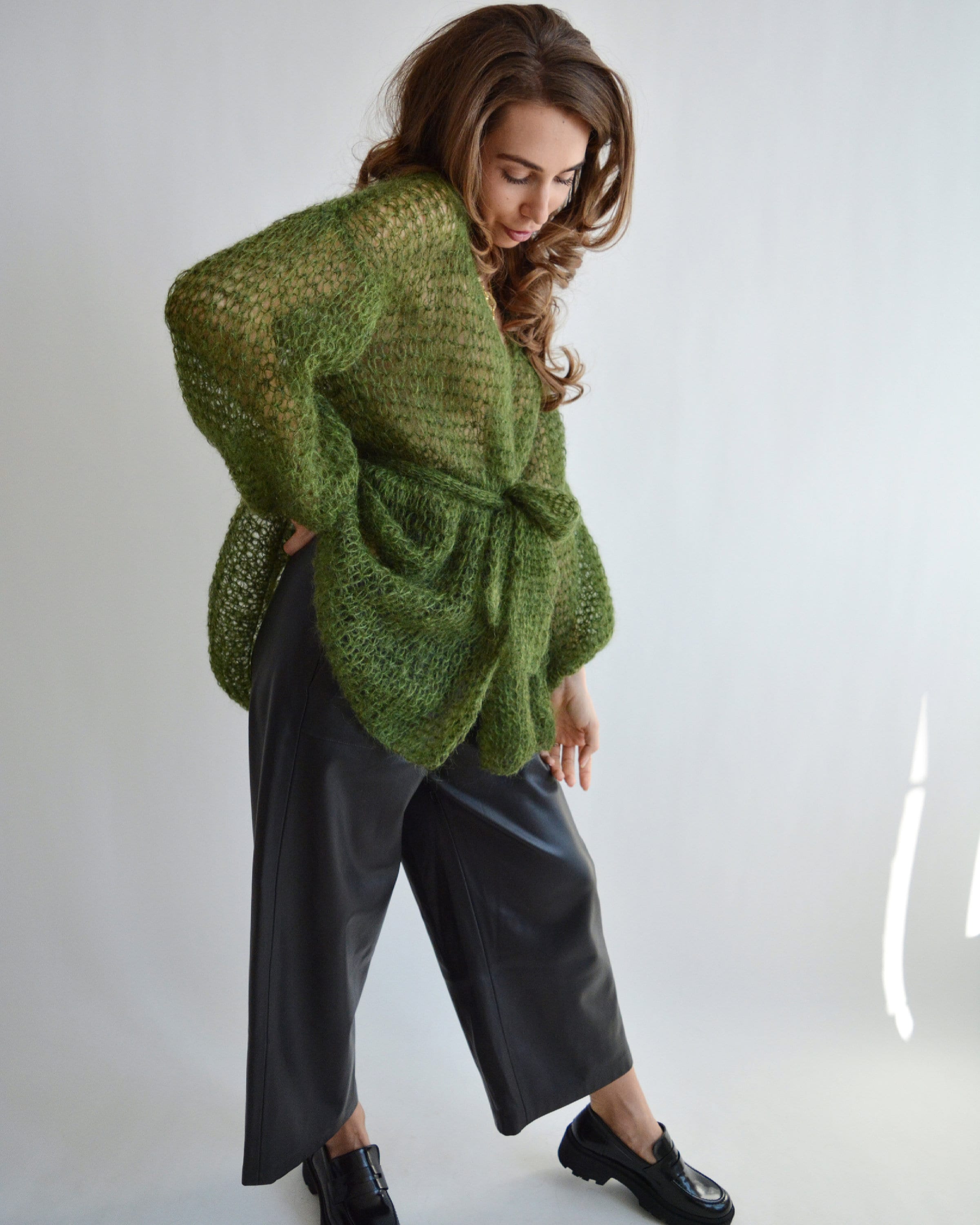 Green Mohair Cardigan Cropped Light Cardigan Chunky Handknit - Etsy UK