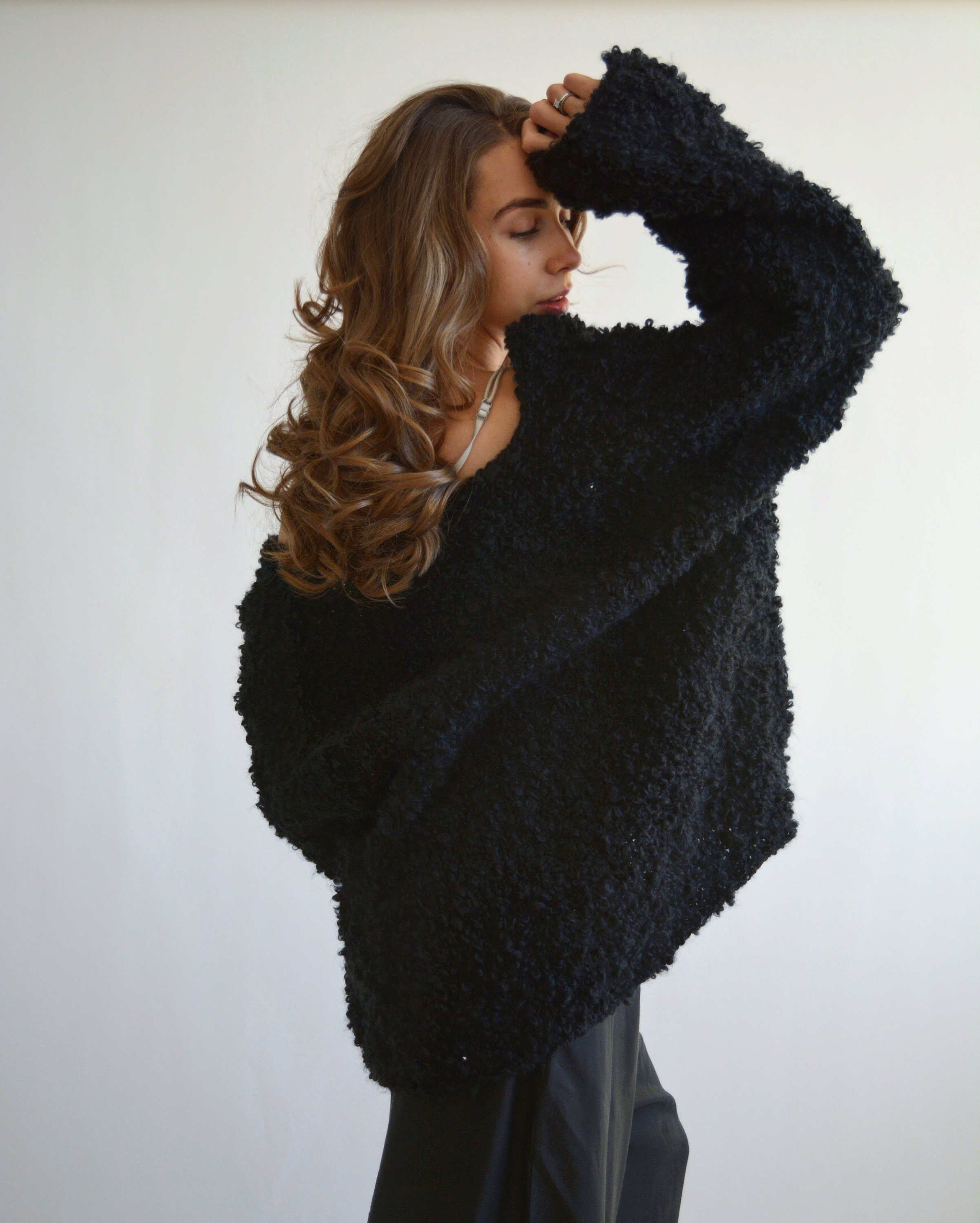 Black boucle cardigan Short mohair cardigan Cropped oversized Etsy