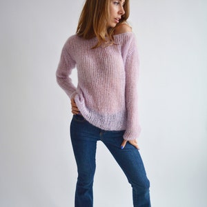 Light lilac mohair sweater, Loose handknit sweater, Oversized sexy sweater, Casual chic sweater, Bohemian off shoulder wool sweater image 7