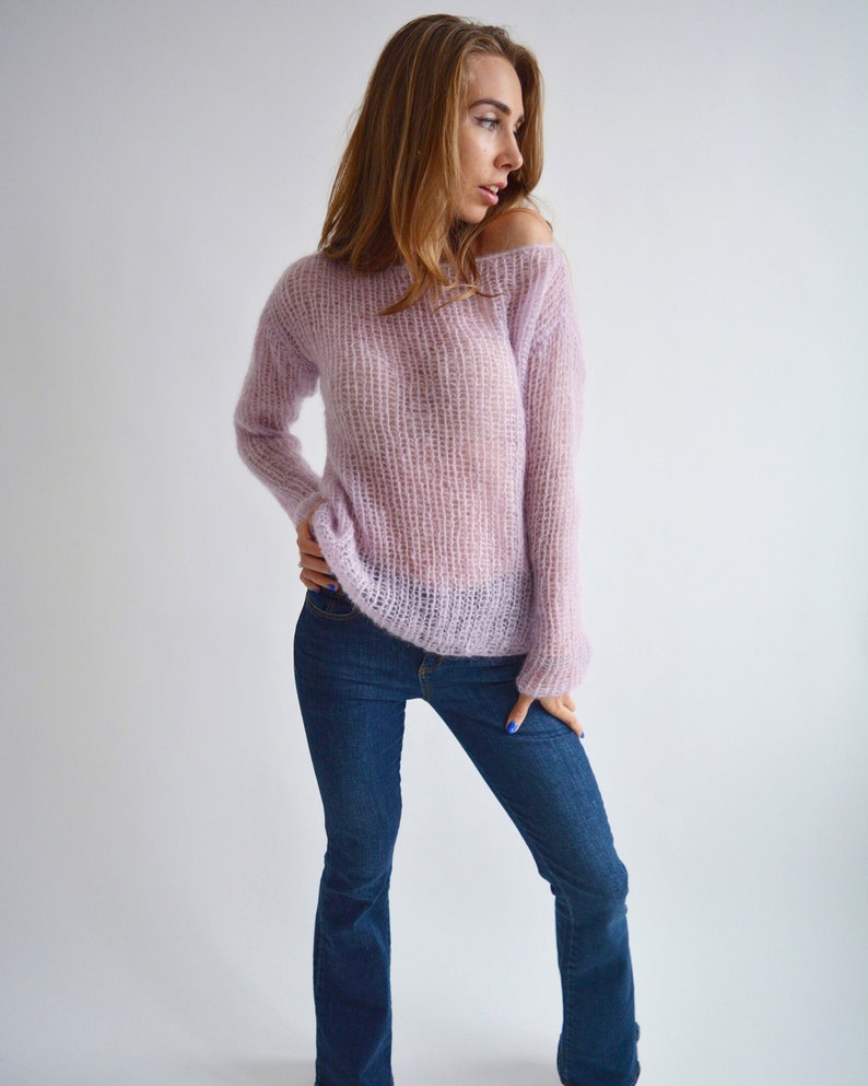 Light lilac mohair sweater, Loose handknit sweater, Oversized sexy sweater, Casual chic sweater, Bohemian off shoulder wool sweater image 7