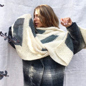 White merino wool winter scarf, Unisex chunky knit scarf, Warm handmade scarf, Long fashion scarf, Blanket oversized scarf, Mohair scarf image 6