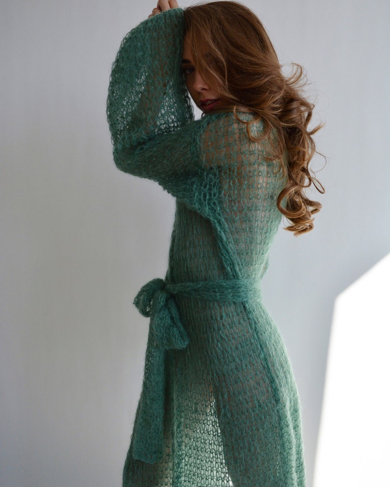 Green mohair cardigan Long belted cardigan Kimono oversized cardigan Light chunky cardigan Wrap cardigan coat Handknit maxi cardigan image 10