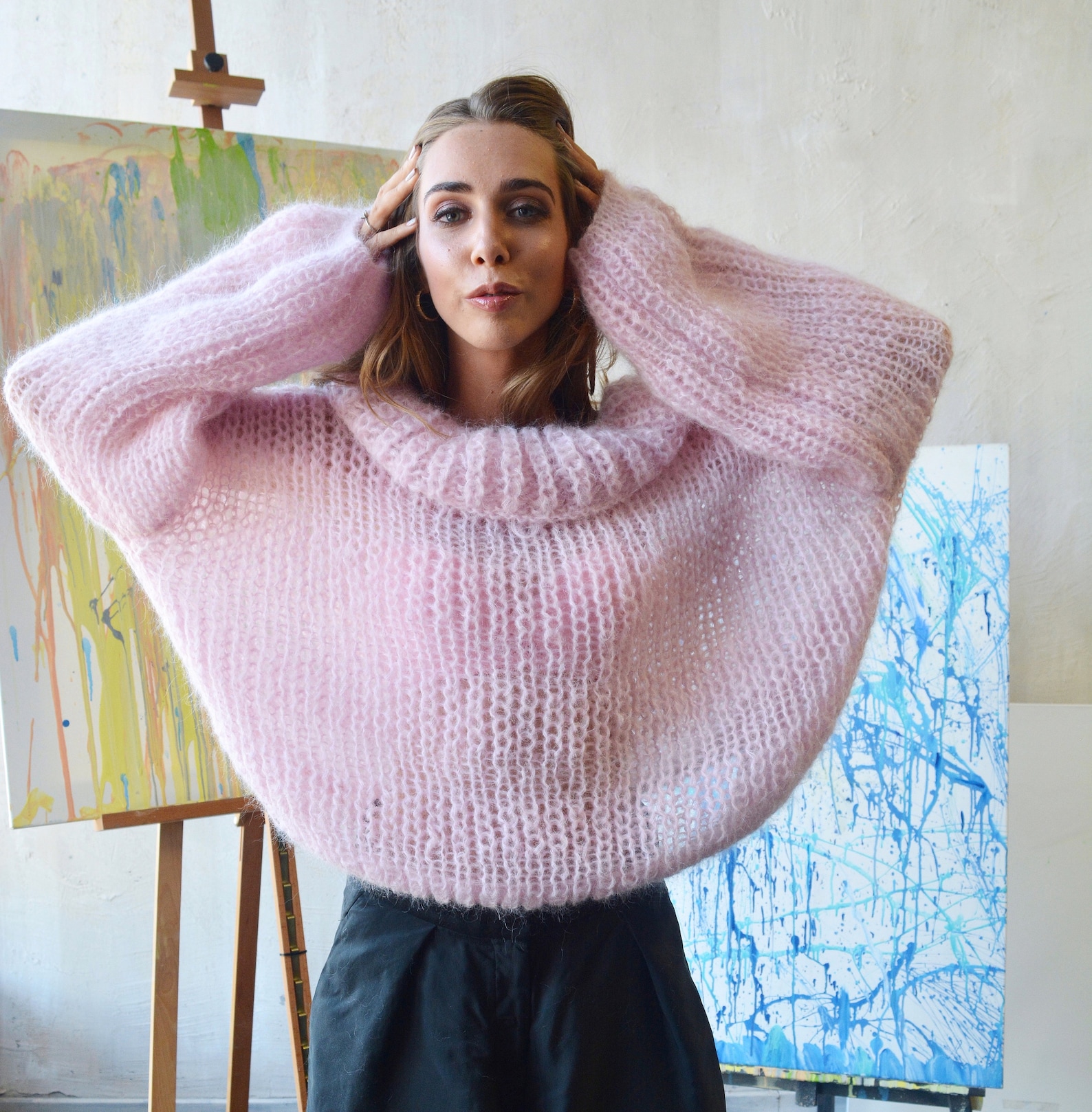 Light pink mohair sweater Alpaca turtleneck sweater Slouchy Etsy