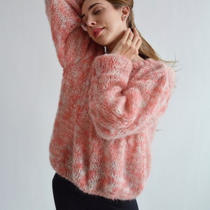 Coral melange mohair sweater Soft handknit sweater Fluffy chic sweater Warm rainbow sweater Loose multicolor sweater Sexy chunky sweater image 7