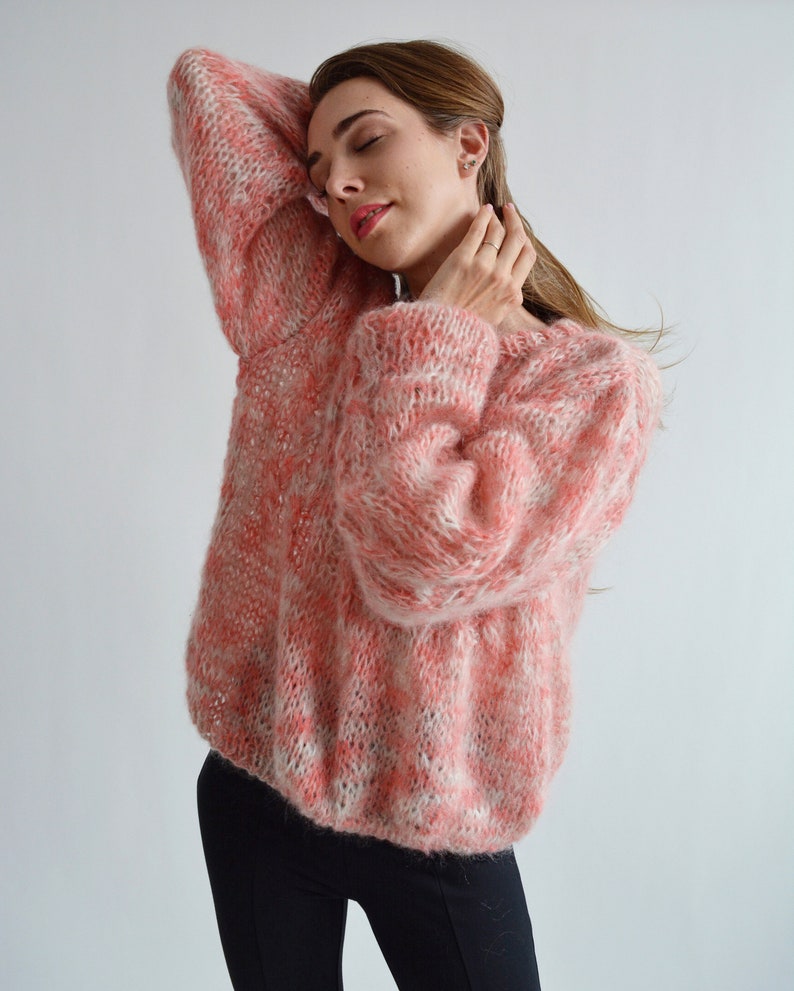 Coral melange mohair sweater Soft handknit sweater Fluffy chic sweater Warm rainbow sweater Loose multicolor sweater Sexy chunky sweater image 7