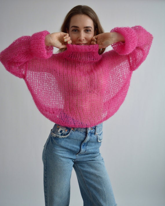 Bright Fuchsia Pink Sweater Turtleneck Mohair Sweater Loose