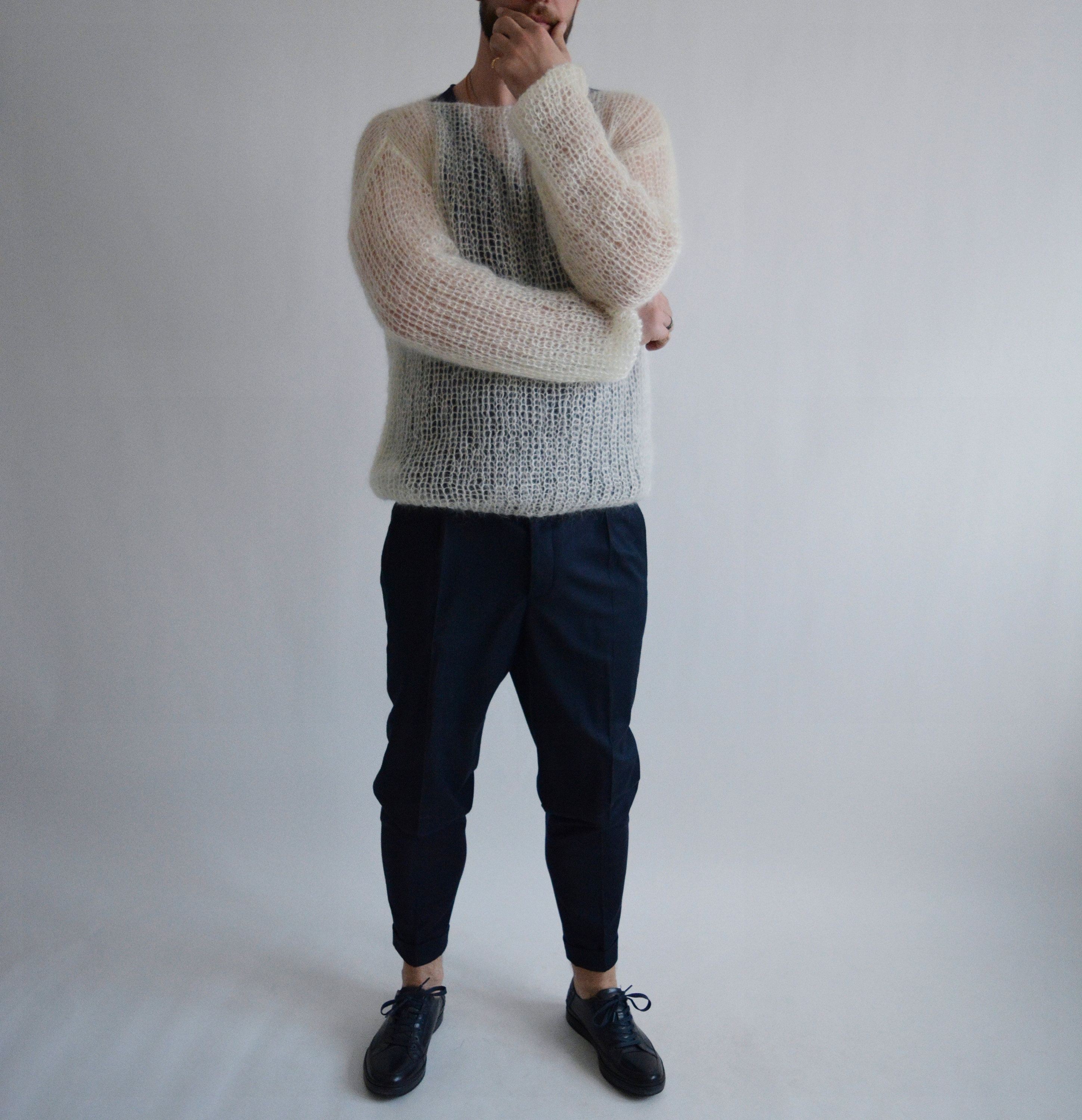 Ivory Mens Mohair Sweater Unisex Handknit Chunky Sweater