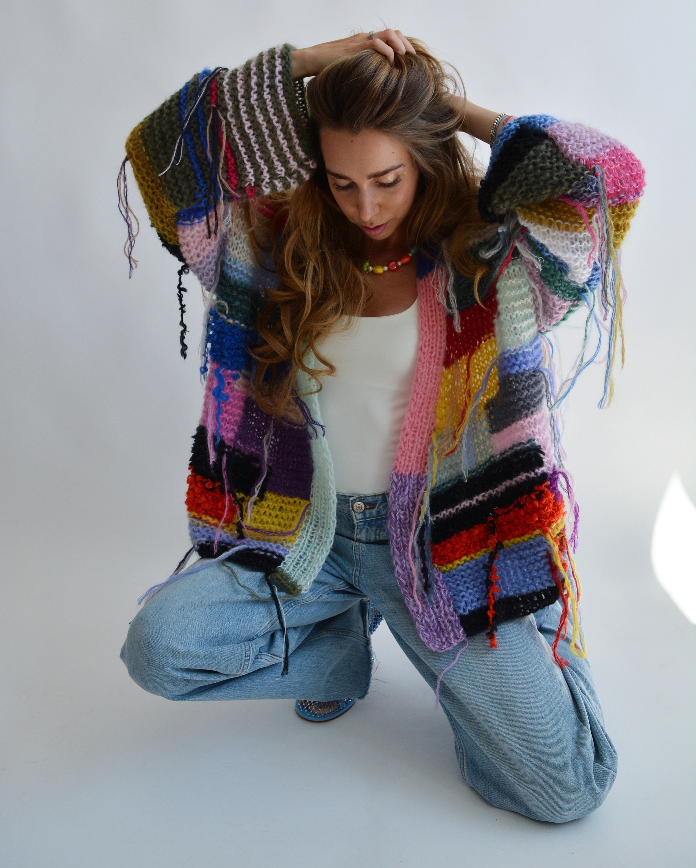 Rainbow geometric cardigan Multicolor mohair patchwork cardigan Unique handknit cardigan Funny bright cardigan Chic short boho cardigan