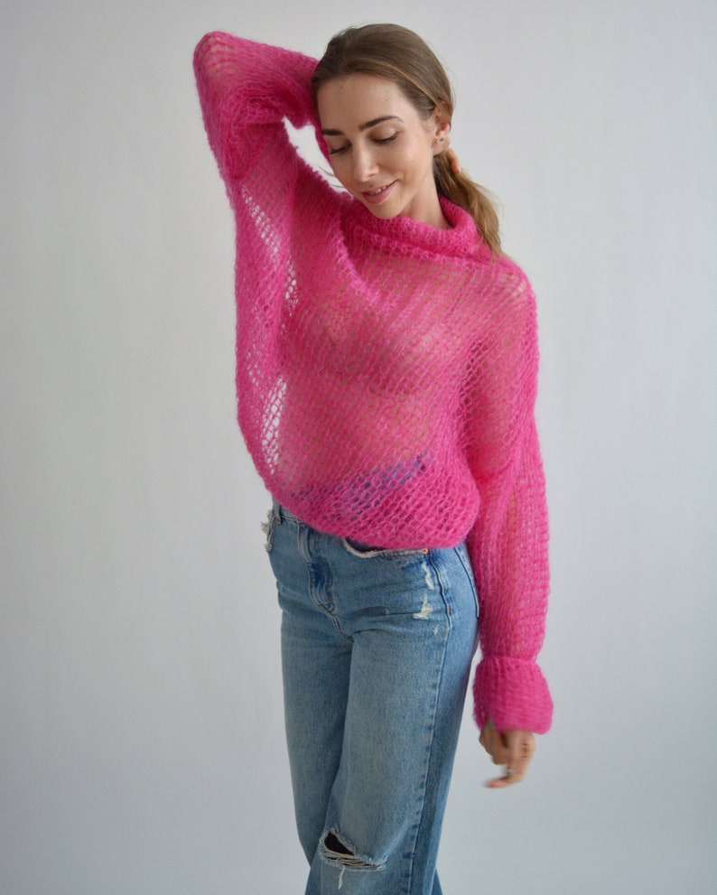 Bright fuchsia pink sweater Turtleneck mohair sweater Loose handknit sweater Soft sexy wool sweater Stylish oversized knit sweater image 7