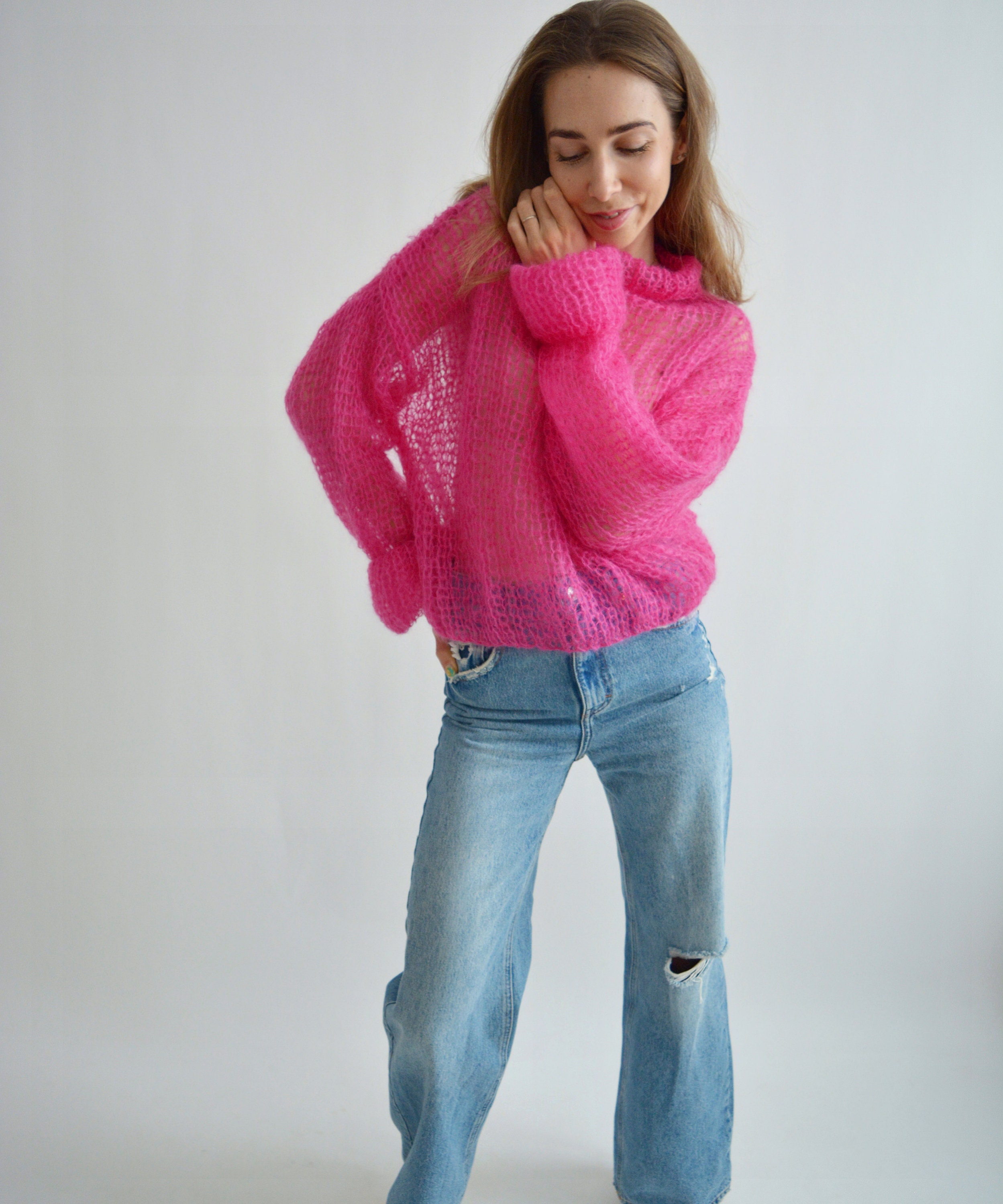 Bright Fuchsia Mohair Turtleneck Sweater – Handknit Loose Fit Wool