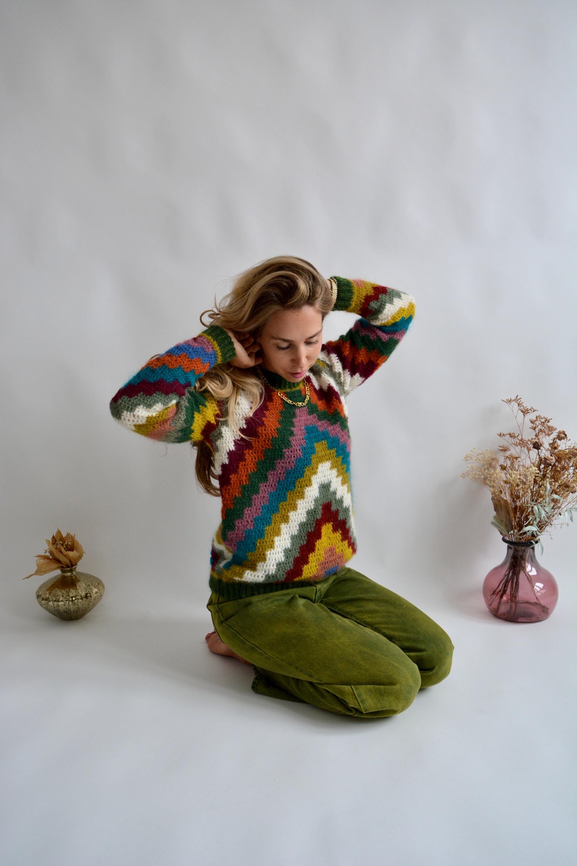 Multicolor Mohair Fall Sweater Colorblock Unique Handknit Sweater Women ...