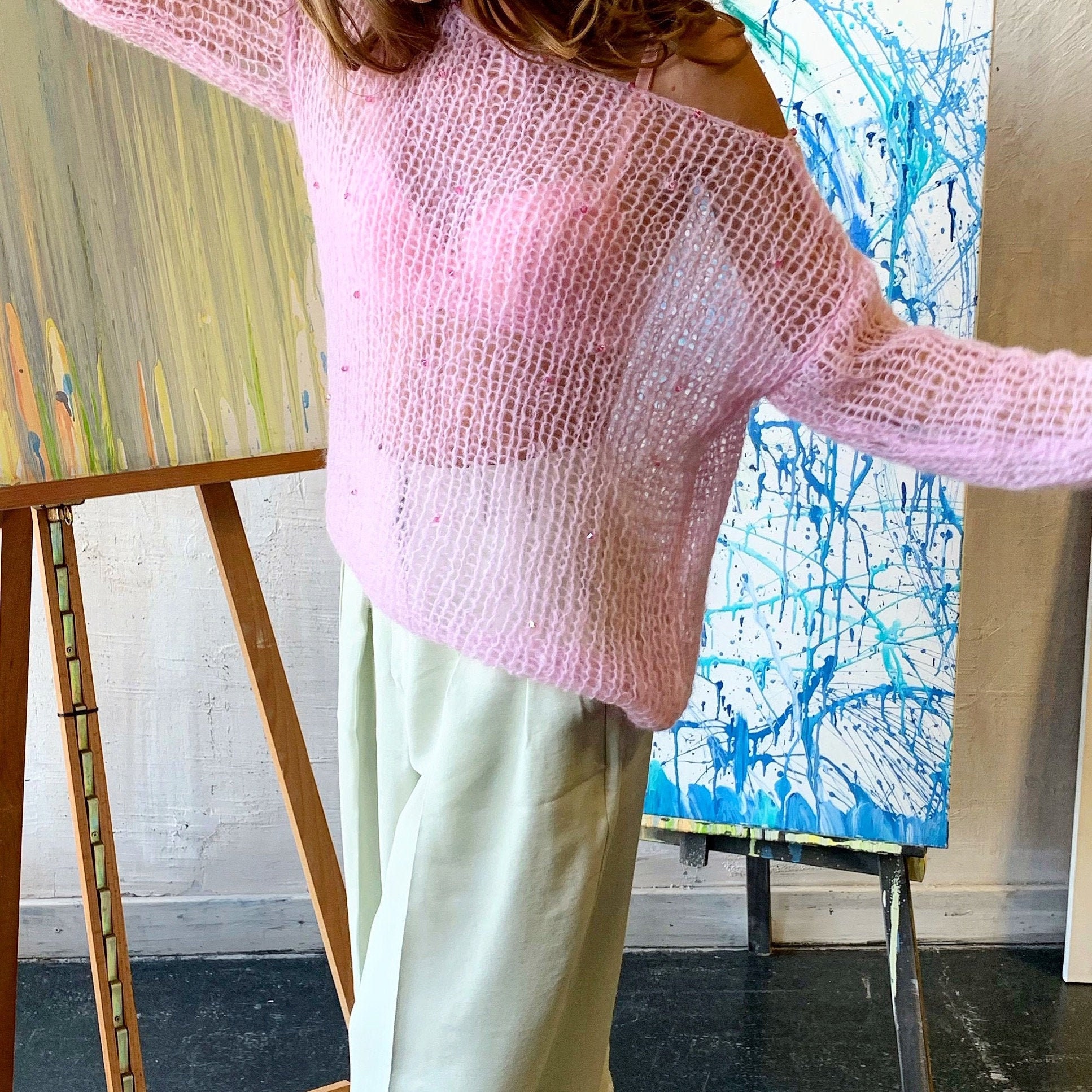 Pink Embellished Mohair Sweater, Embroidered Light Sweater