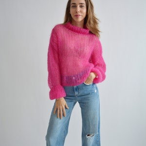 Bright fuchsia pink sweater Turtleneck mohair sweater Loose handknit sweater Soft sexy wool sweater Stylish oversized knit sweater image 5