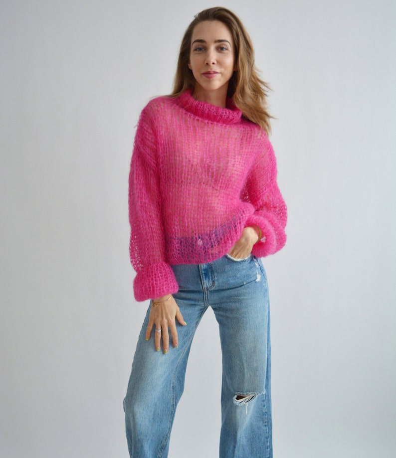 Bright fuchsia pink sweater Turtleneck mohair sweater Loose handknit sweater Soft sexy wool sweater Stylish oversized knit sweater image 5