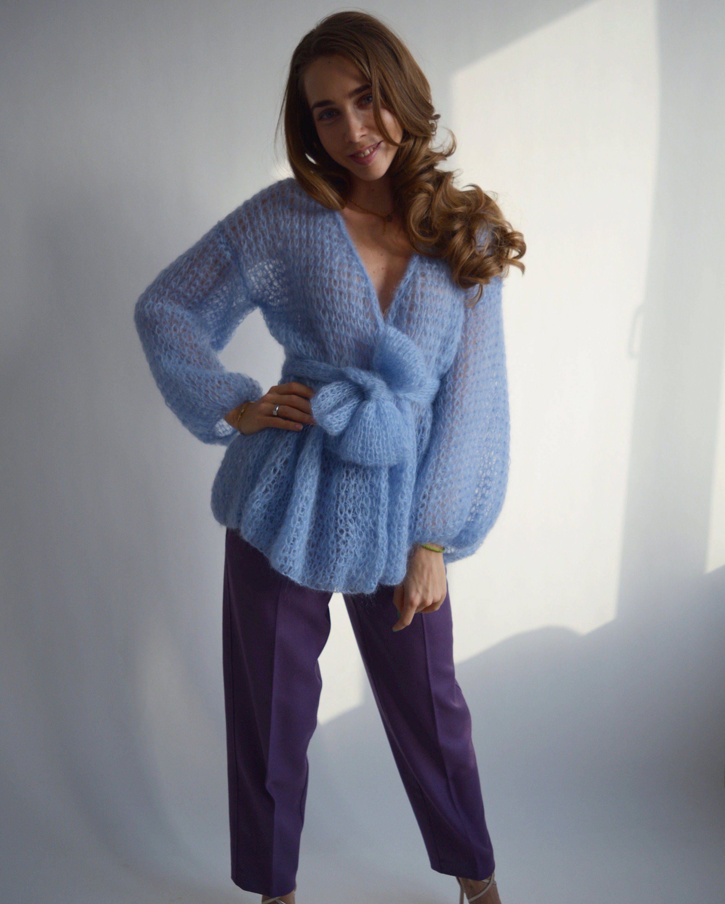 Sky Blue Mohair Cardigan Cropped Fluffy Cardigan Soft Belted Sky Blue Mohair Cardigan Cropped Fluffy Cardigan Soft Belted