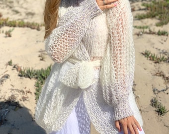 Ivory short mohair cardigan Cream wedding belted cardigan Embellished balloon cardigan Light bridal cardigan Exclusive handknit cardigan