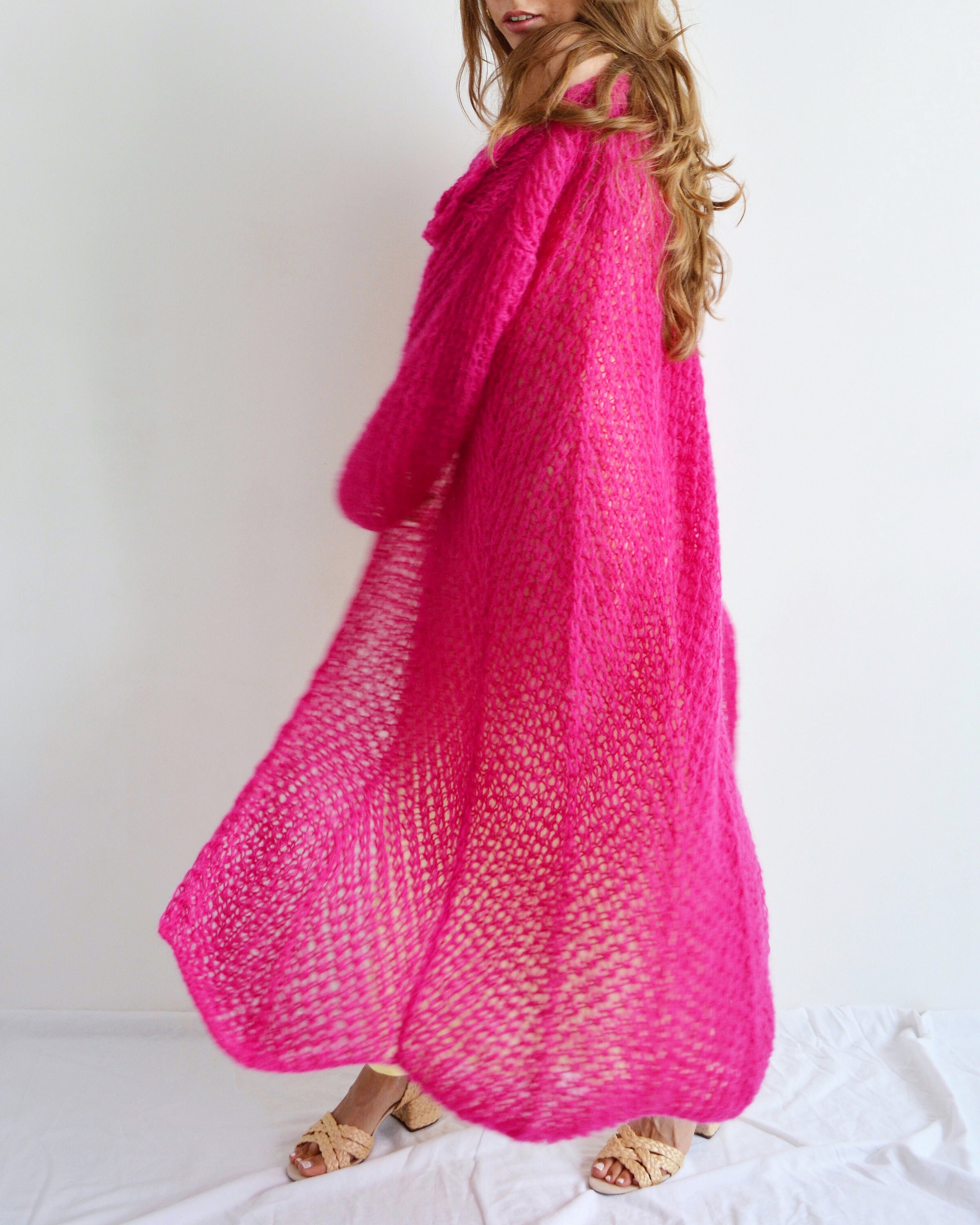 Fuchsia Pink Long Mohair Cardigan Wrap Kimono Light Cardigan Etsy