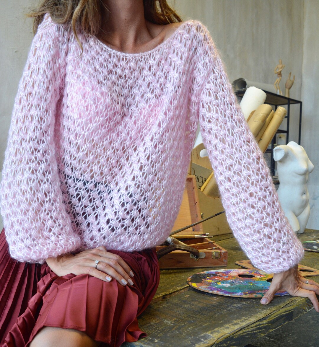 Light Pink Mohair Sweater, Wedding Light Sweater, Embroidered Sexy