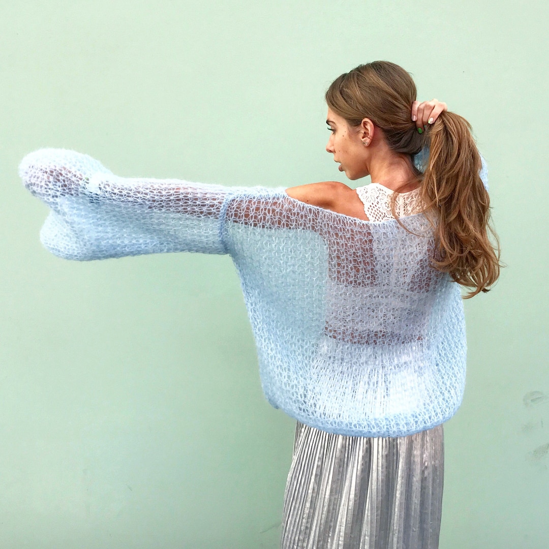 Light Blue Mohair Sweater Loose Handknit Sweater Soft