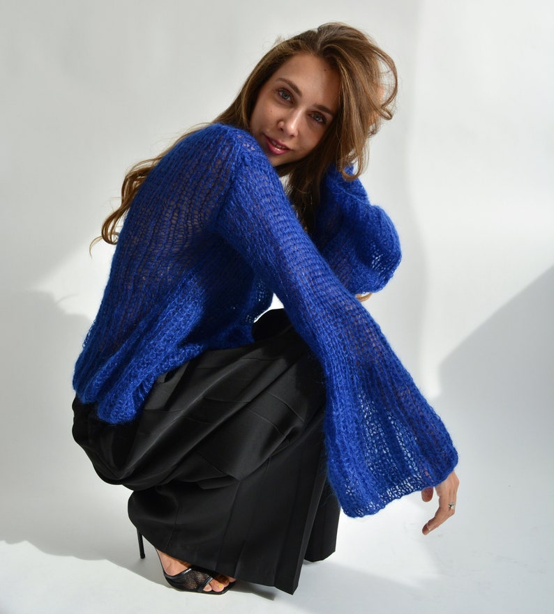Blue Kid Mohair Sweater | Handmade Oversized Knit Pullover | Luxury Lightweight Sweater Bild 2