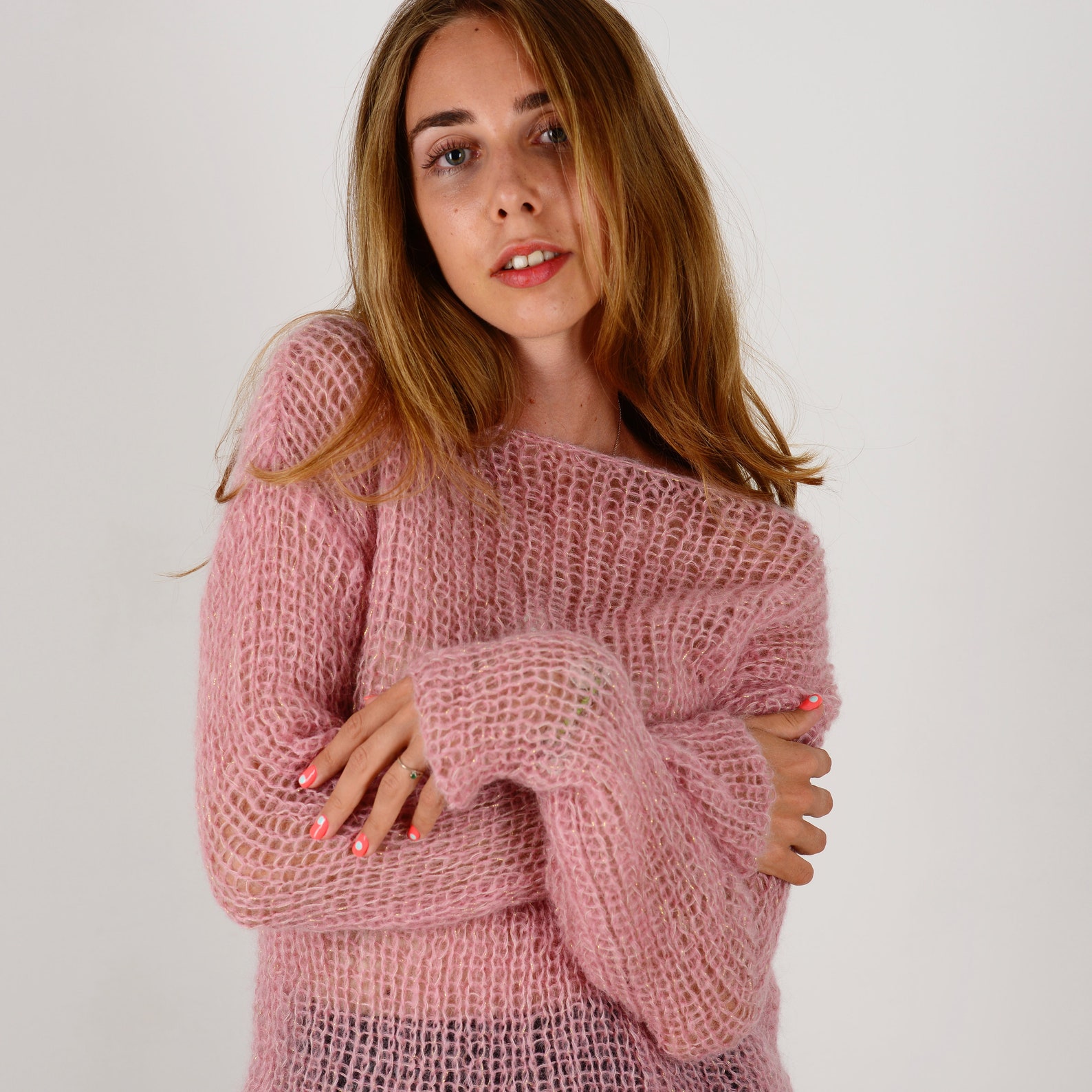 Rose gold mohair sweater Light pink embellished sweater Soft Etsy