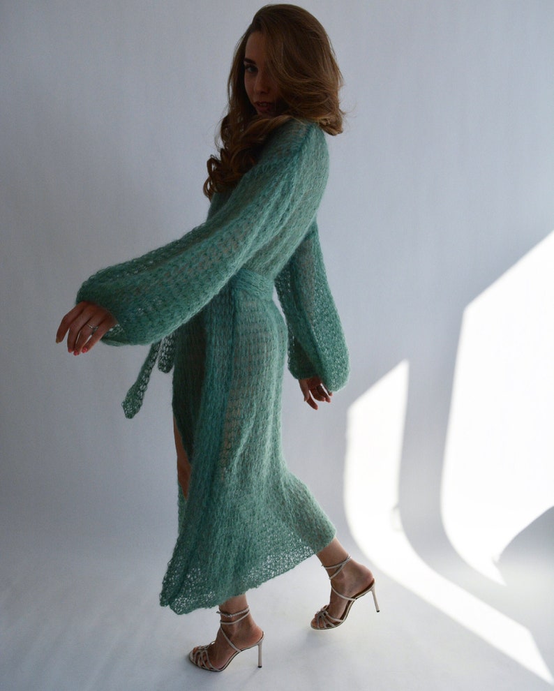 Green mohair cardigan Long belted cardigan Kimono oversized cardigan Light chunky cardigan Wrap cardigan coat Handknit maxi cardigan image 5