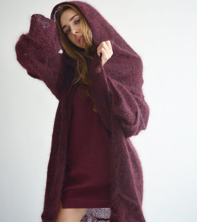 Burgundy hooded long cardigan, Mohair loose knit cardigan, Bordeaux maxi cardigan, Bohemian knitted coat, Oversize thick cardigan image 8