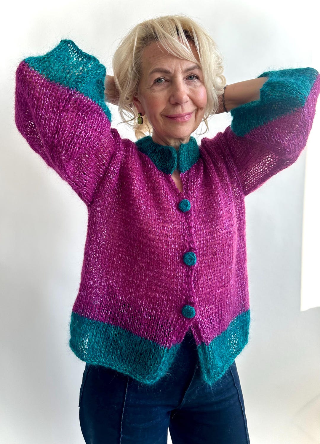 Bottoni Gioiello Maglione Corto Fucsia Cardigan In Mohair Con