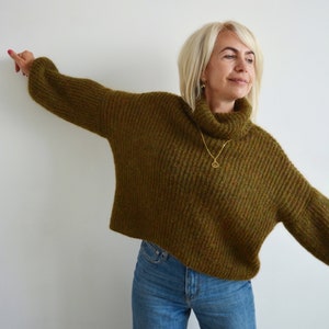 Green khaki mohair turtleneck sweater, Olive loose knit sweater, Thick handknit wool sweater, Oversize warm chunky sweater image 8