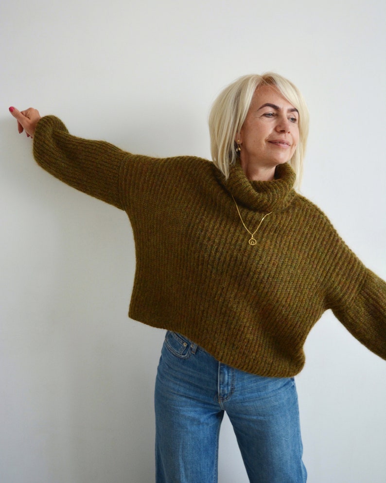 Green khaki mohair turtleneck sweater, Olive loose knit sweater, Thick handknit wool sweater, Oversize warm chunky sweater image 8