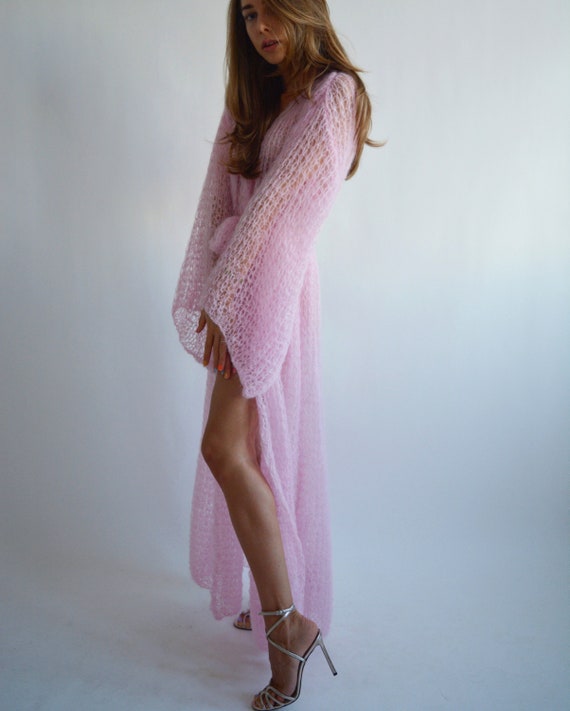 Pink Long Mohair Cardigan Sexy Maxi 